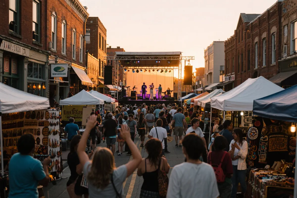 城市街区节庆与球迷文化融合的公共空间场景，体现旅游与文创联动